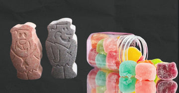 Flintstones vitamins bottle next to modern gummy vitamins, illustrating the same marketing story in new packaging